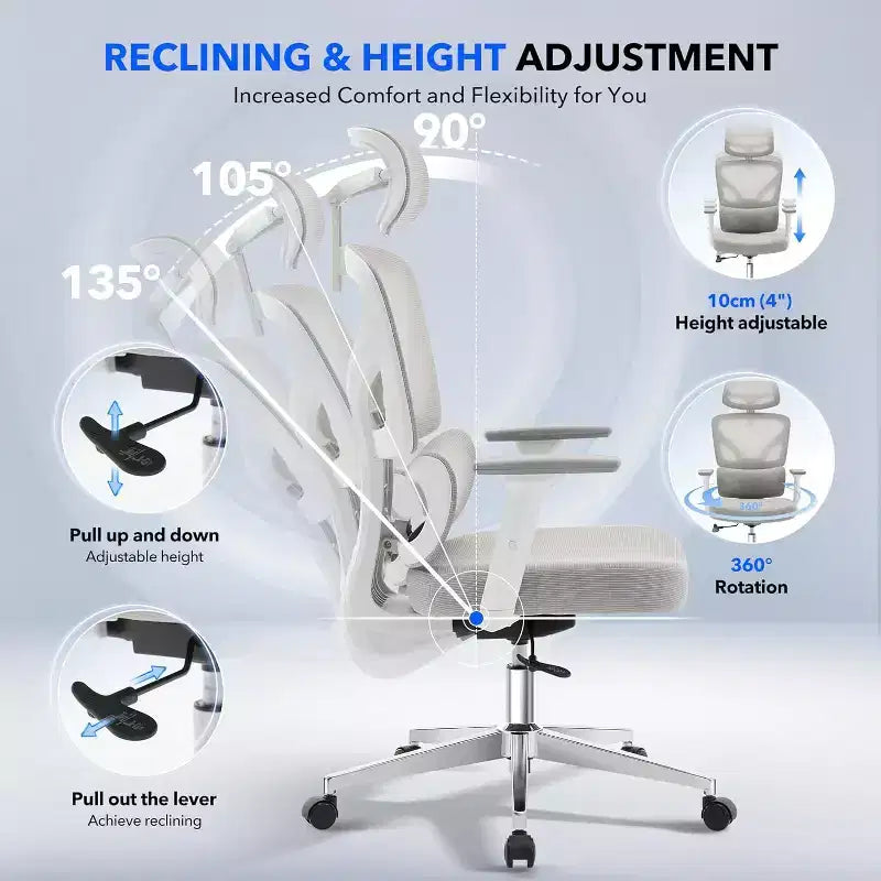 Ergonomic Office Chair with 3D Armrests, Headrest and Backrest, Soft-padded Ergonomic Mesh Chair, Electroplated Feet, White Box, Beige