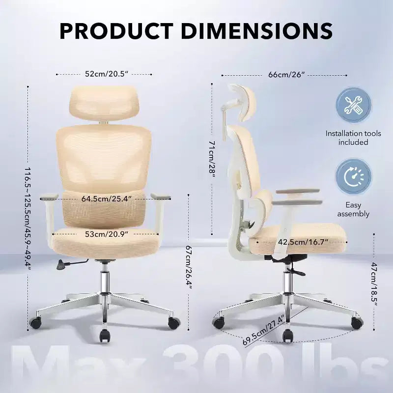 Ergonomic Office Chair with 3D Armrests, Headrest and Backrest, Soft-padded Ergonomic Mesh Chair, Electroplated Feet, White Box, Beige