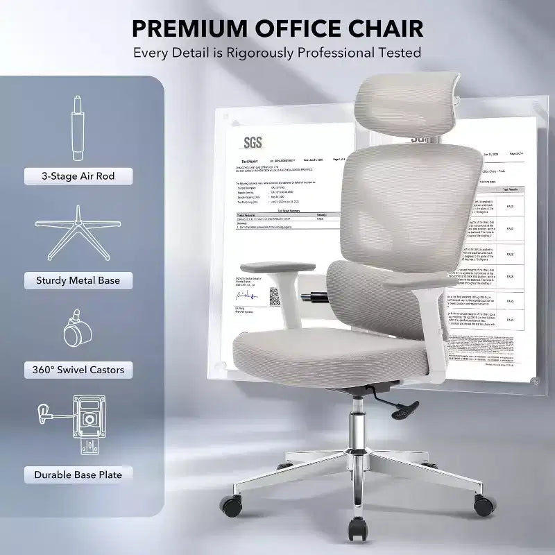 Ergonomic Office Chair with 3D Armrests, Headrest and Backrest, Soft-padded Ergonomic Mesh Chair, Electroplated Feet, White Box, Beige