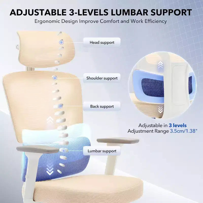 Ergonomic Office Chair with 3D Armrests, Headrest and Backrest, Soft-padded Ergonomic Mesh Chair, Electroplated Feet, White Box, Beige