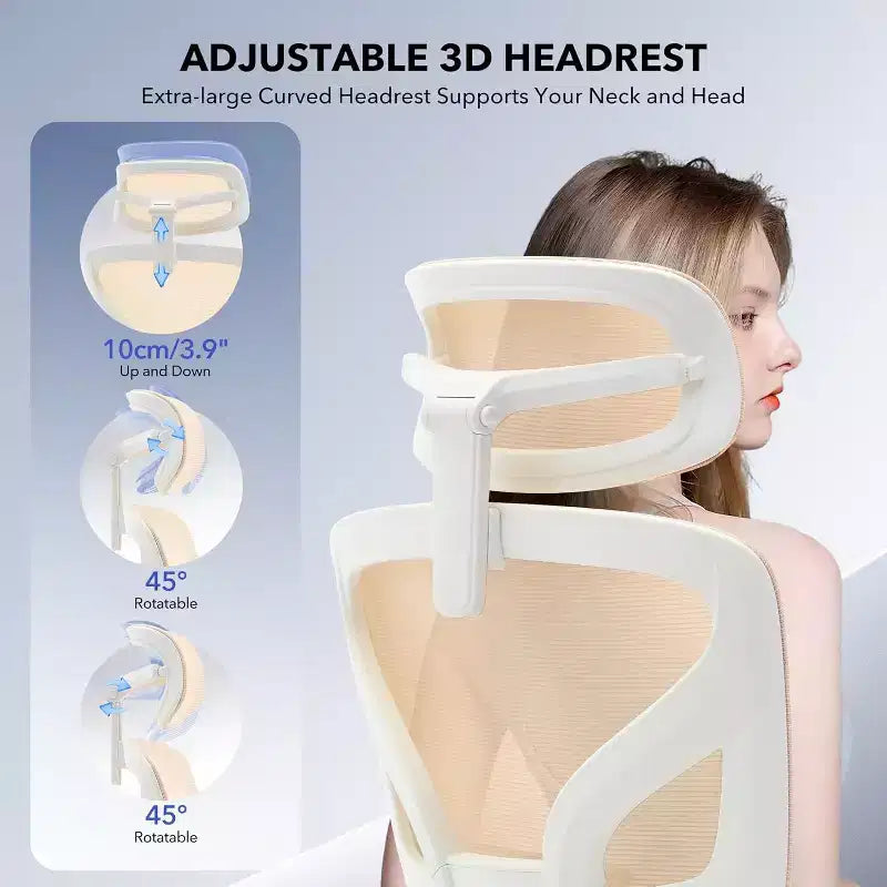 Ergonomic Office Chair with 3D Armrests, Headrest and Backrest, Soft-padded Ergonomic Mesh Chair, Electroplated Feet, White Box, Beige