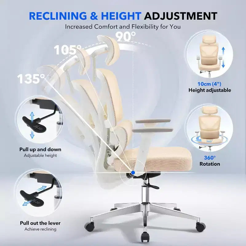 Ergonomic Office Chair with 3D Armrests, Headrest and Backrest, Soft-padded Ergonomic Mesh Chair, Electroplated Feet, White Box, Beige
