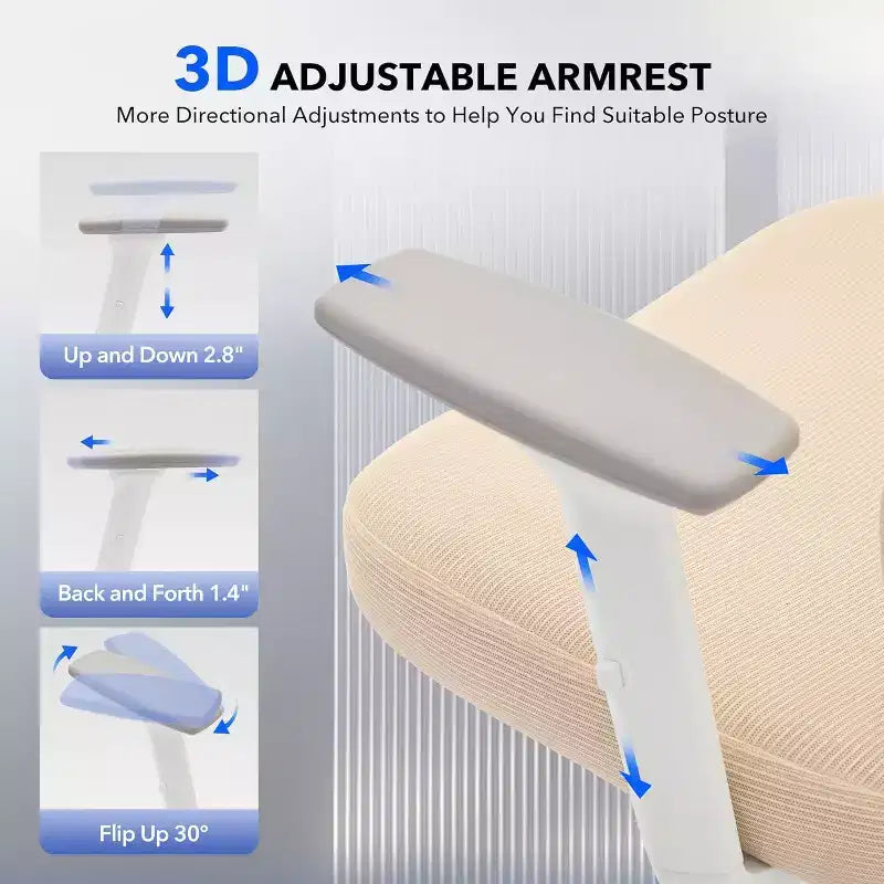Ergonomic Office Chair with 3D Armrests, Headrest and Backrest, Soft-padded Ergonomic Mesh Chair, Electroplated Feet, White Box, Beige