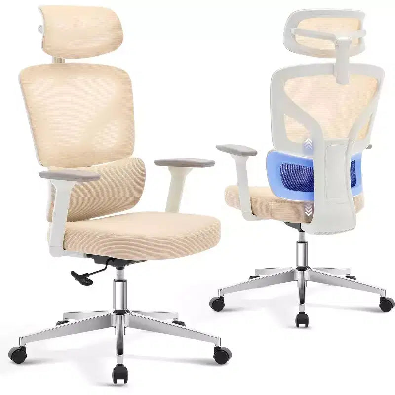 Ergonomic Office Chair with 3D Armrests, Headrest and Backrest, Soft-padded Ergonomic Mesh Chair, Electroplated Feet, White Box, Beige