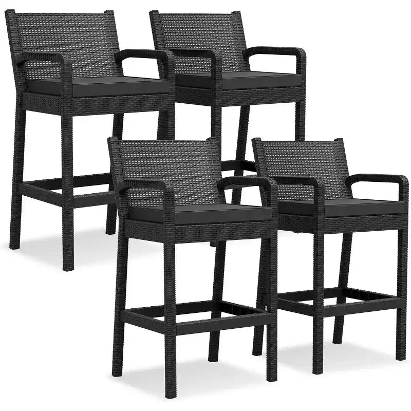 COZONY Outdoor Bar Stools Set of 4, Black Wicker Bar Height Patio Chairs with Cushions Water Resistant for Backyard Garden Pool Balcony Deck