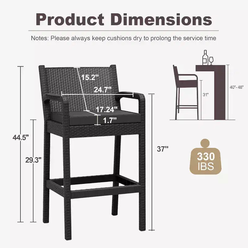 COZONY Tabourets de Bar d'Extérieur, Lot de 4 Chaises Hautes de Terrasse en Osier Noir avec Coussins Résistants à l'Eau pour Jardin, Piscine, Balcon, Terrasse