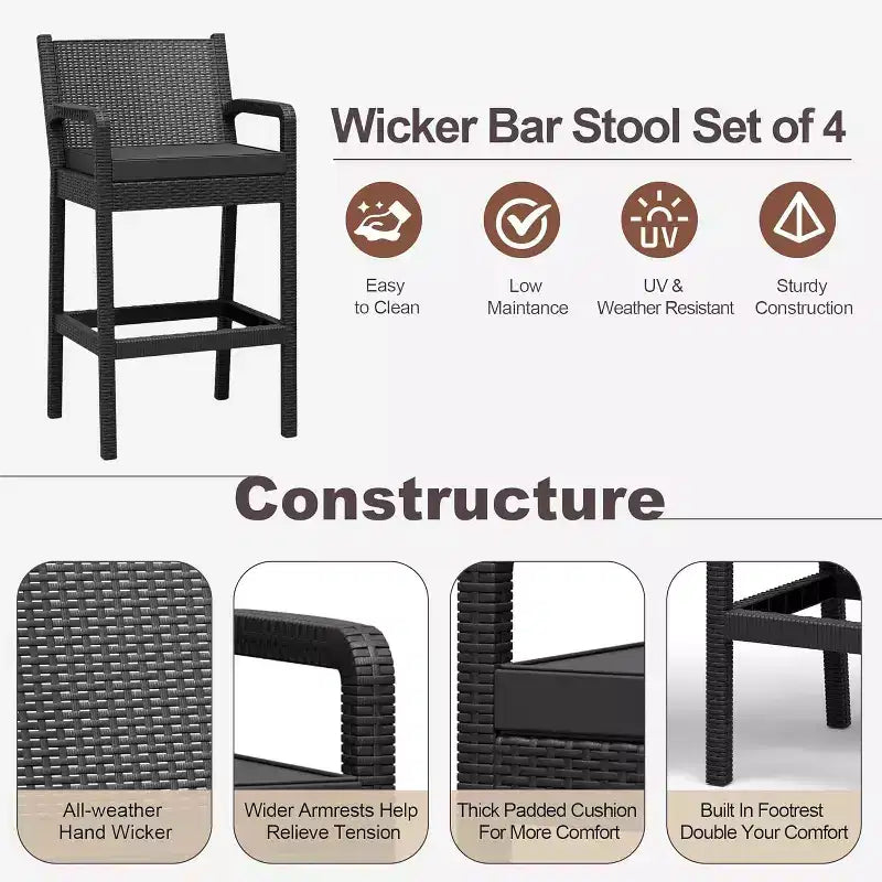 COZONY Tabourets de Bar d'Extérieur, Lot de 4 Chaises Hautes de Terrasse en Osier Noir avec Coussins Résistants à l'Eau pour Jardin, Piscine, Balcon, Terrasse