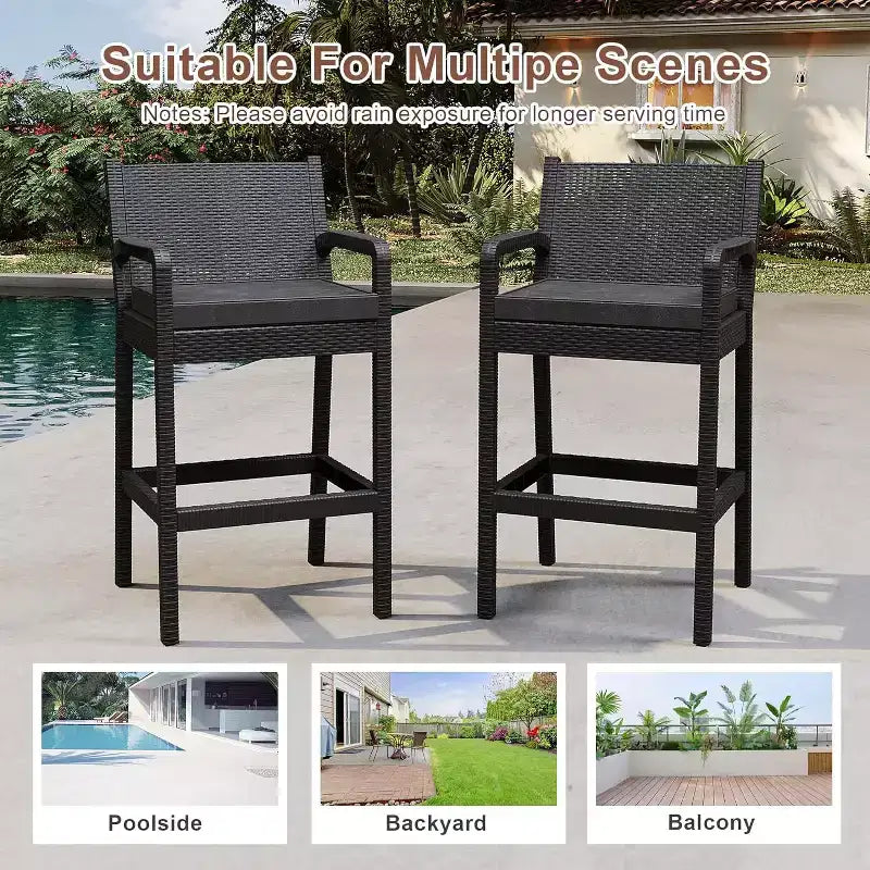 COZONY Tabourets de Bar d'Extérieur, Lot de 4 Chaises Hautes de Terrasse en Osier Noir avec Coussins Résistants à l'Eau pour Jardin, Piscine, Balcon, Terrasse