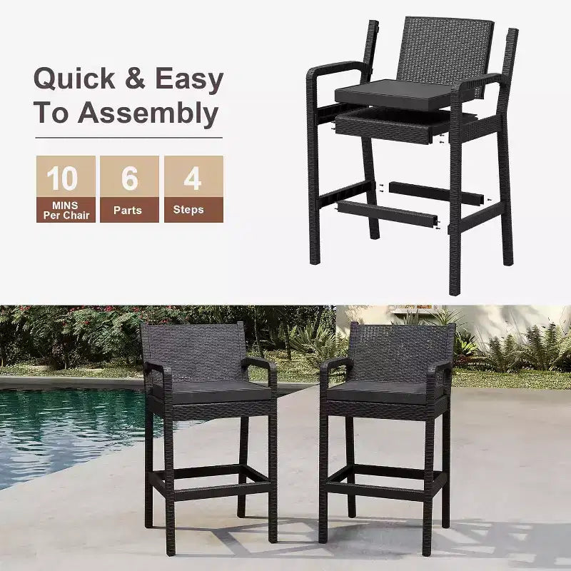 COZONY Tabourets de Bar d'Extérieur, Lot de 4 Chaises Hautes de Terrasse en Osier Noir avec Coussins Résistants à l'Eau pour Jardin, Piscine, Balcon, Terrasse