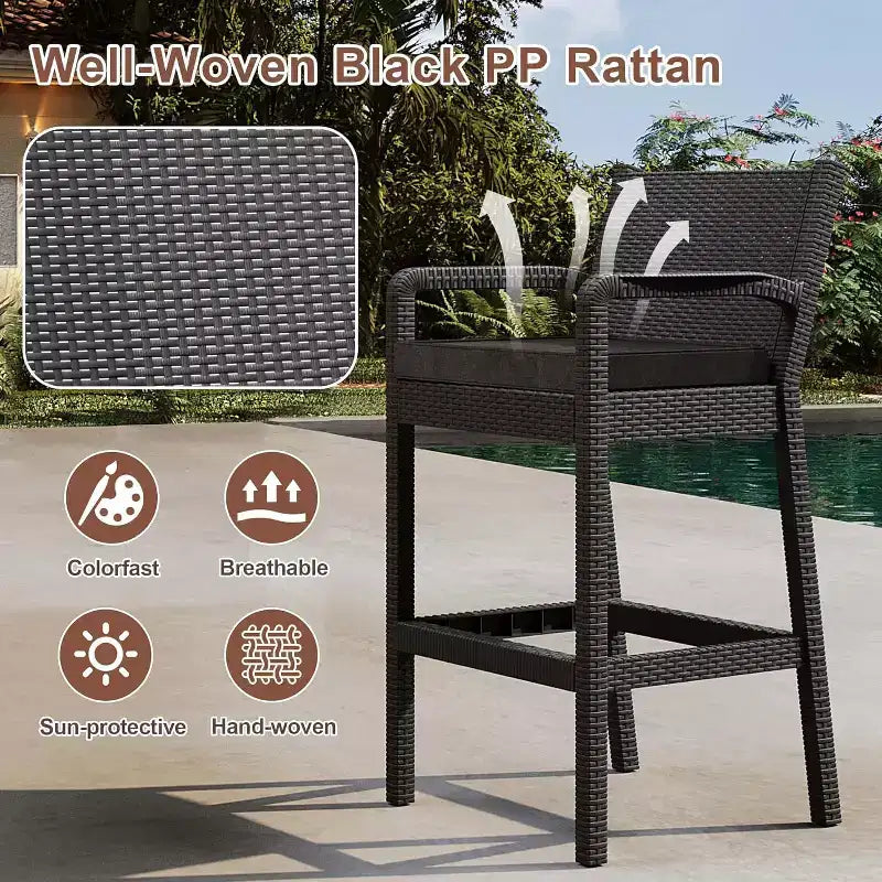 COZONY Tabourets de Bar d'Extérieur, Lot de 4 Chaises Hautes de Terrasse en Osier Noir avec Coussins Résistants à l'Eau pour Jardin, Piscine, Balcon, Terrasse