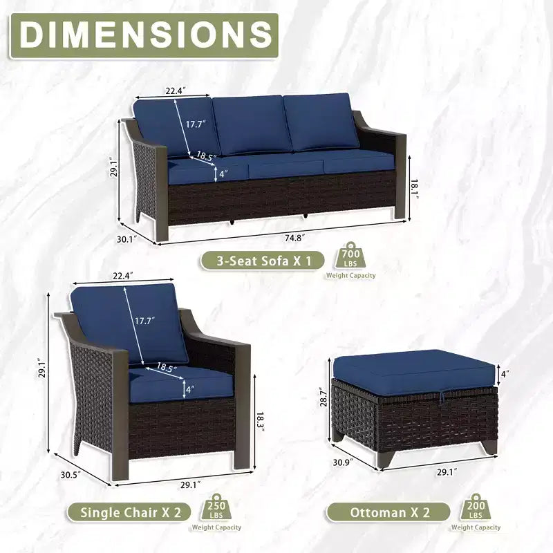 Ensemble de mobilier de jardin UPTIOT avec canapé 3 places, 2 fauteuils à bascule et 2 poufs