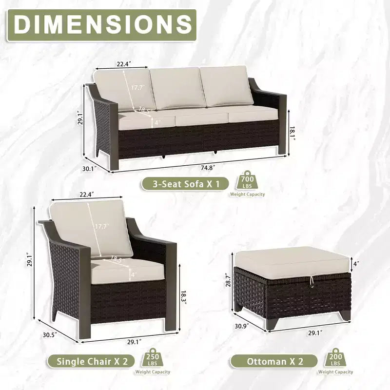 Ensemble de mobilier de jardin UPTIOT avec canapé 3 places, 2 fauteuils à bascule et 2 poufs