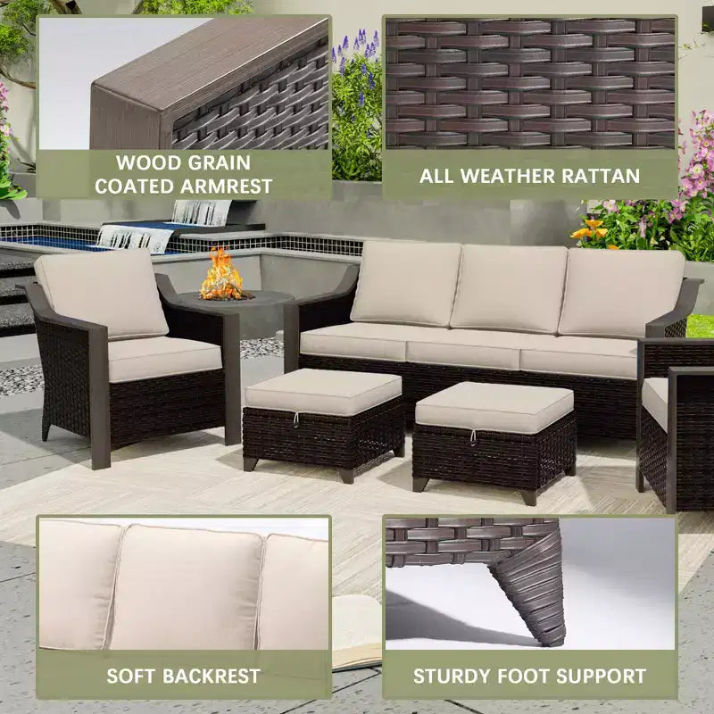 Ensemble de mobilier de jardin UPTIOT avec canapé 3 places, 2 fauteuils à bascule et 2 poufs