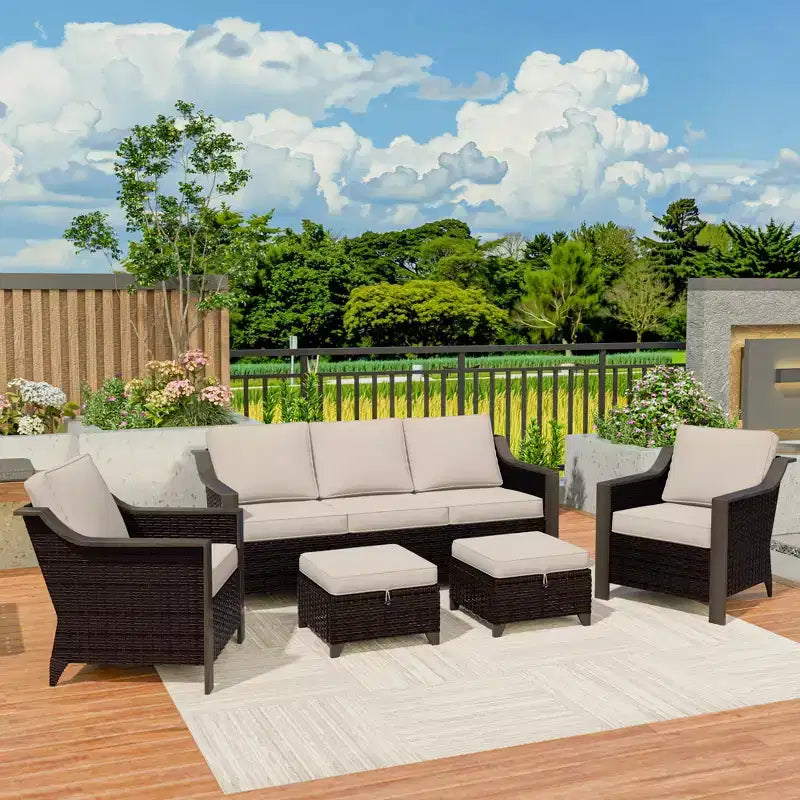 Ensemble de mobilier de jardin UPTIOT avec canapé 3 places, 2 fauteuils à bascule et 2 poufs