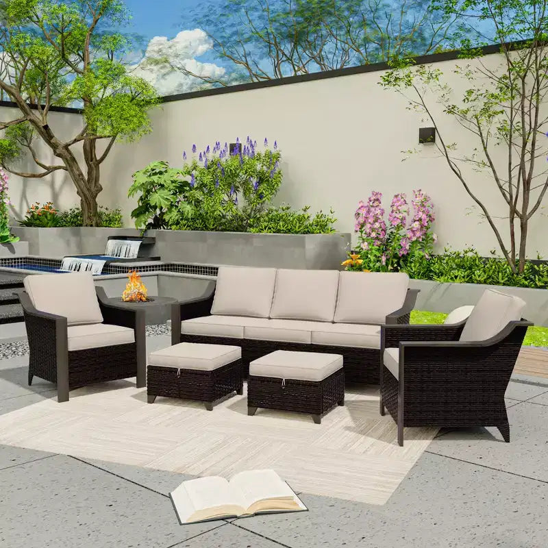 Ensemble de mobilier de jardin UPTIOT avec canapé 3 places, 2 fauteuils à bascule et 2 poufs