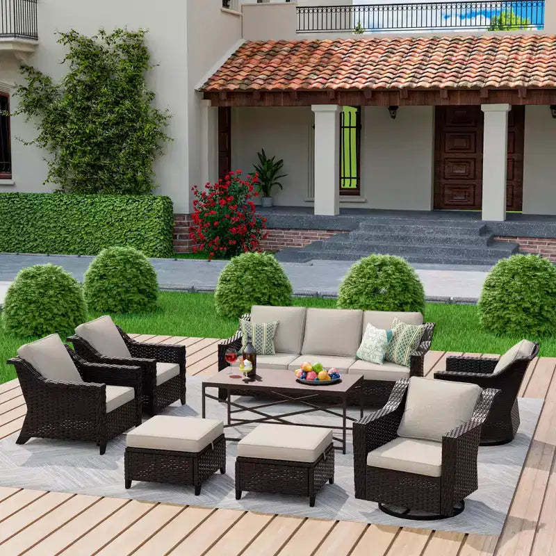 Ensemble d'extérieur premium UPTIOT 8 pièces : canapé 3 places, 2 fauteuils, 2 fauteuils pivotants, 2 poufs et table basse