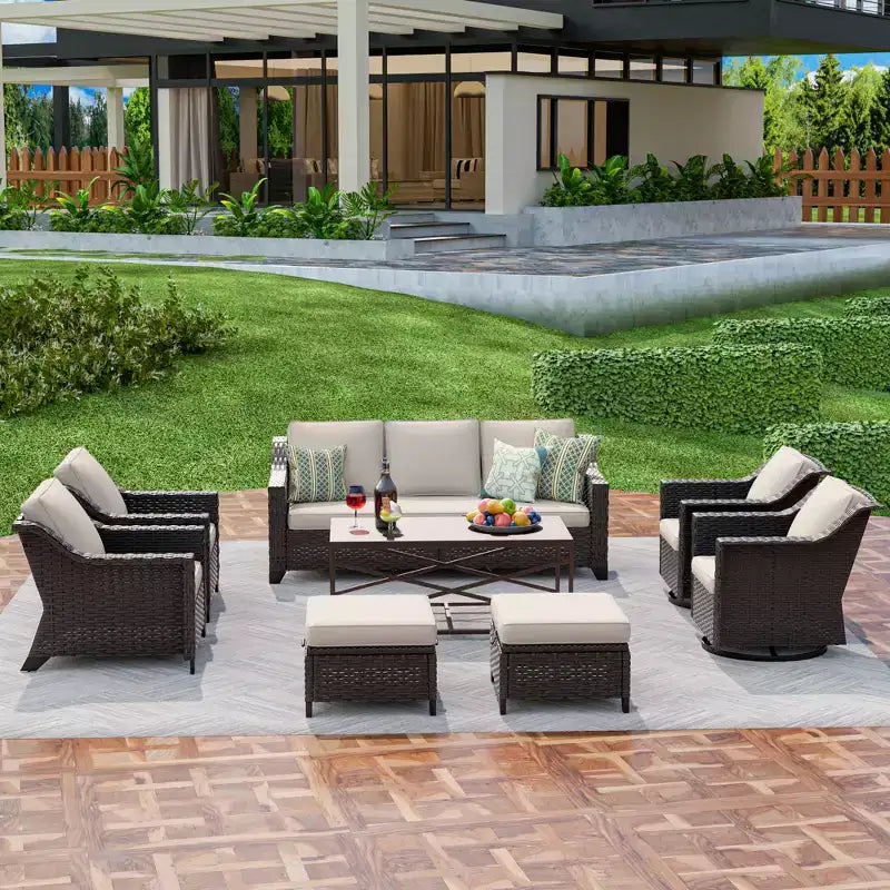 Ensemble d'extérieur premium UPTIOT 8 pièces : canapé 3 places, 2 fauteuils, 2 fauteuils pivotants, 2 poufs et table basse