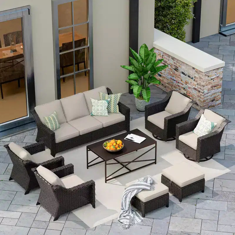 Ensemble d'extérieur premium UPTIOT 8 pièces : canapé 3 places, 2 fauteuils, 2 fauteuils pivotants, 2 poufs et table basse