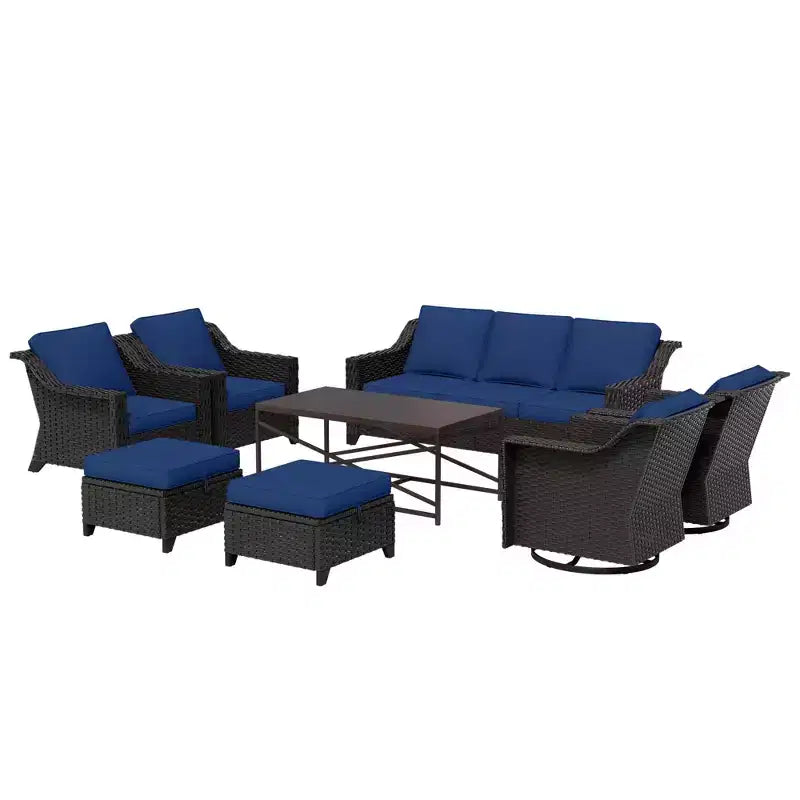 Ensemble d'extérieur premium UPTIOT 8 pièces : canapé 3 places, 2 fauteuils, 2 fauteuils pivotants, 2 poufs et table basse