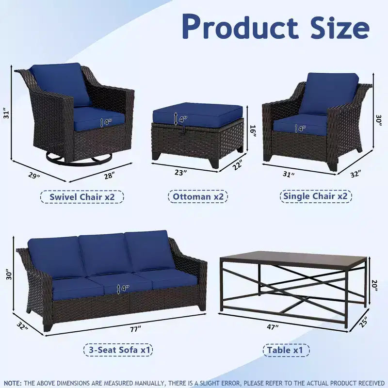 Ensemble d'extérieur premium UPTIOT 8 pièces : canapé 3 places, 2 fauteuils, 2 fauteuils pivotants, 2 poufs et table basse