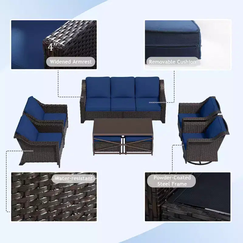Ensemble d'extérieur premium UPTIOT 8 pièces : canapé 3 places, 2 fauteuils, 2 fauteuils pivotants, 2 poufs et table basse