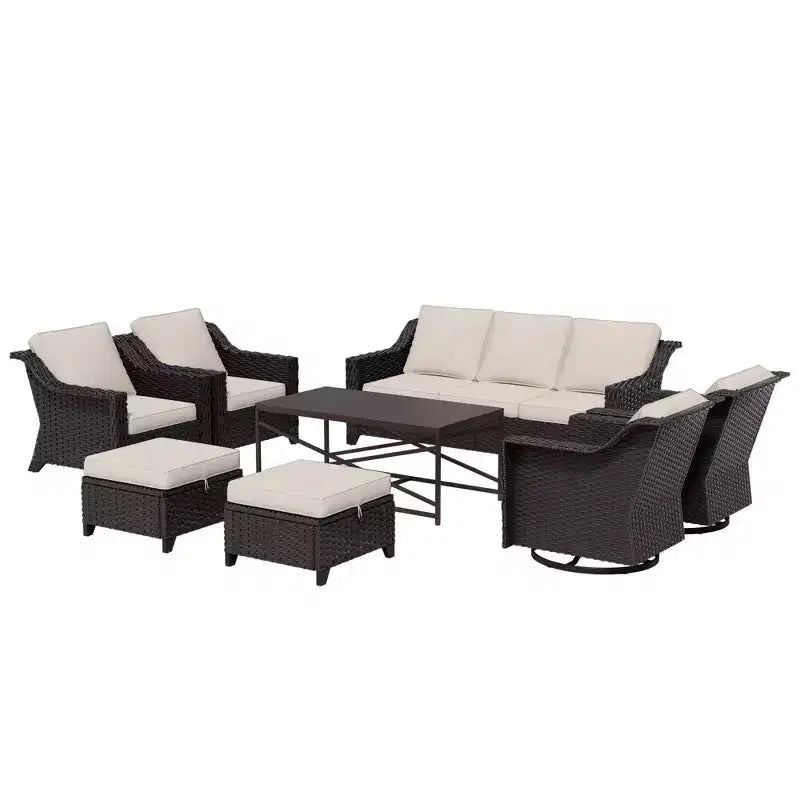 Ensemble d'extérieur premium UPTIOT 8 pièces : canapé 3 places, 2 fauteuils, 2 fauteuils pivotants, 2 poufs et table basse