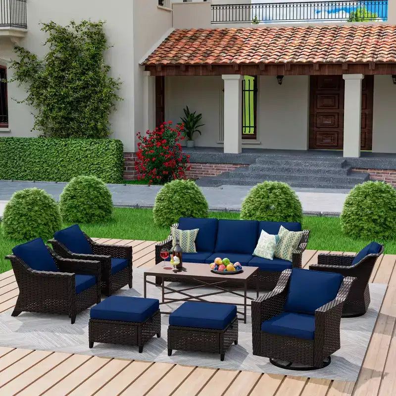 Ensemble d'extérieur premium UPTIOT 8 pièces : canapé 3 places, 2 fauteuils, 2 fauteuils pivotants, 2 poufs et table basse
