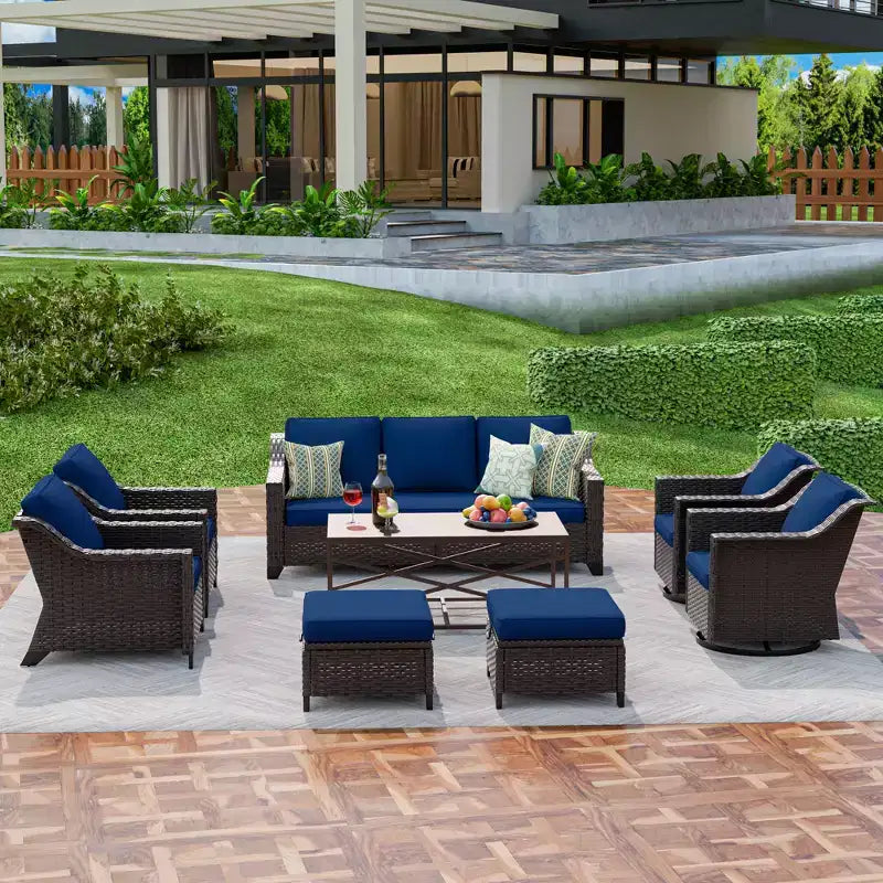 Ensemble d'extérieur premium UPTIOT 8 pièces : canapé 3 places, 2 fauteuils, 2 fauteuils pivotants, 2 poufs et table basse