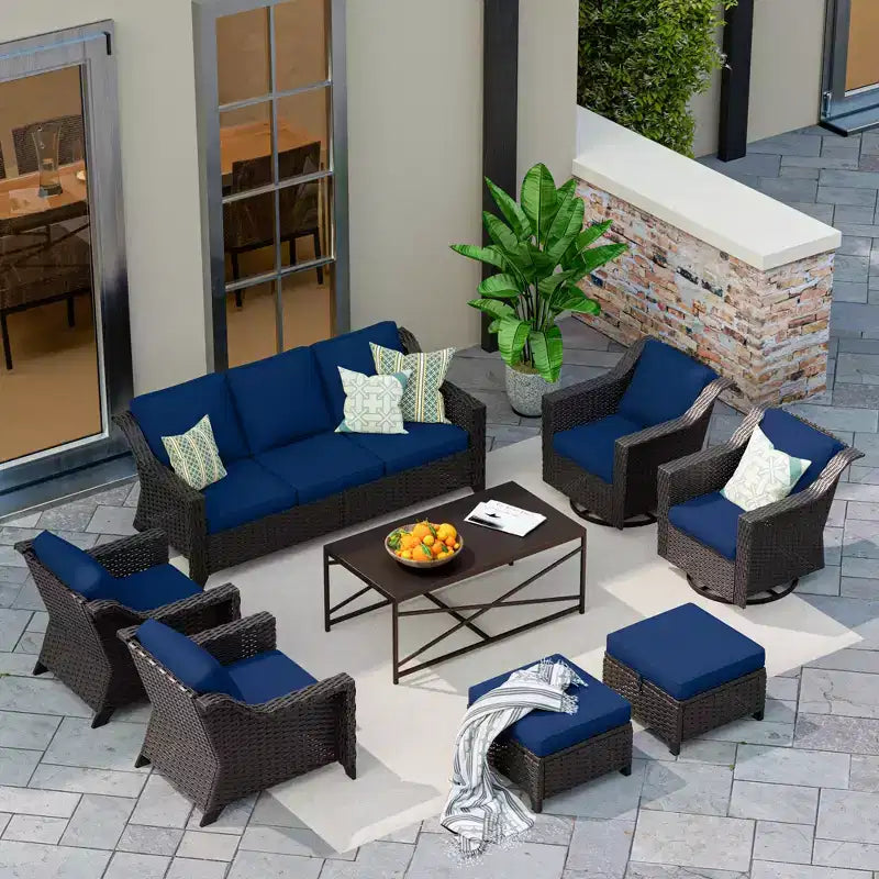 Ensemble d'extérieur premium UPTIOT 8 pièces : canapé 3 places, 2 fauteuils, 2 fauteuils pivotants, 2 poufs et table basse
