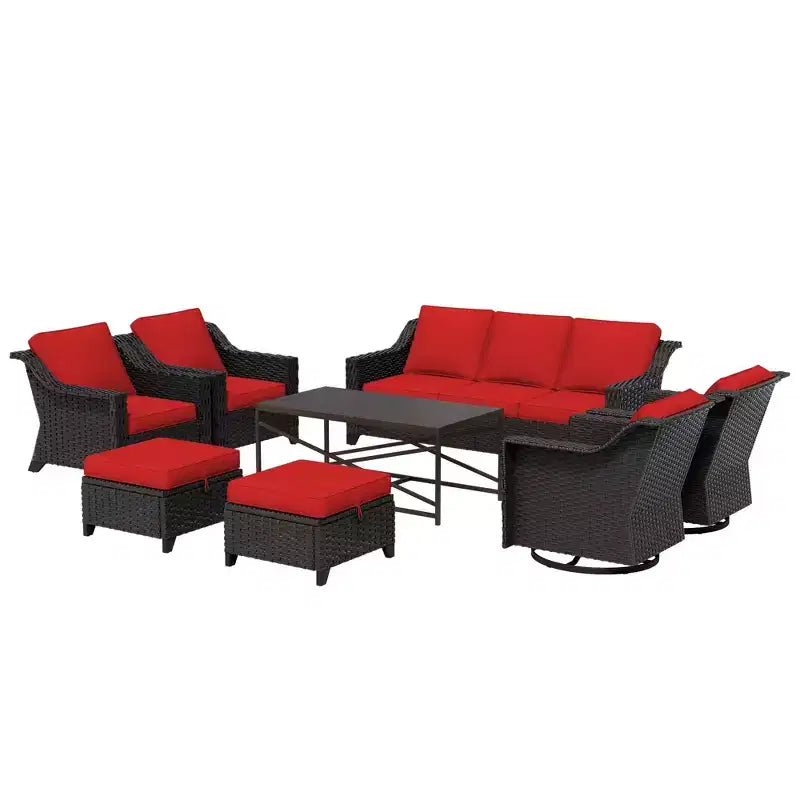 Ensemble d'extérieur premium UPTIOT 8 pièces : canapé 3 places, 2 fauteuils, 2 fauteuils pivotants, 2 poufs et table basse