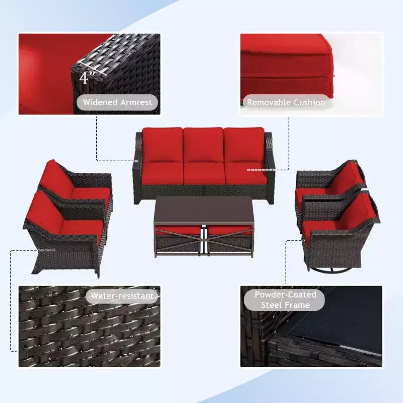 Ensemble d'extérieur premium UPTIOT 8 pièces : canapé 3 places, 2 fauteuils, 2 fauteuils pivotants, 2 poufs et table basse