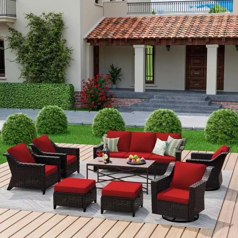 Ensemble d'extérieur premium UPTIOT 8 pièces : canapé 3 places, 2 fauteuils, 2 fauteuils pivotants, 2 poufs et table basse