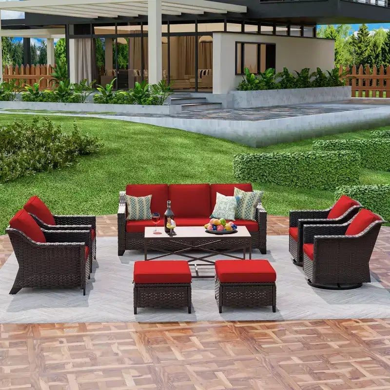 Ensemble d'extérieur premium UPTIOT 8 pièces : canapé 3 places, 2 fauteuils, 2 fauteuils pivotants, 2 poufs et table basse