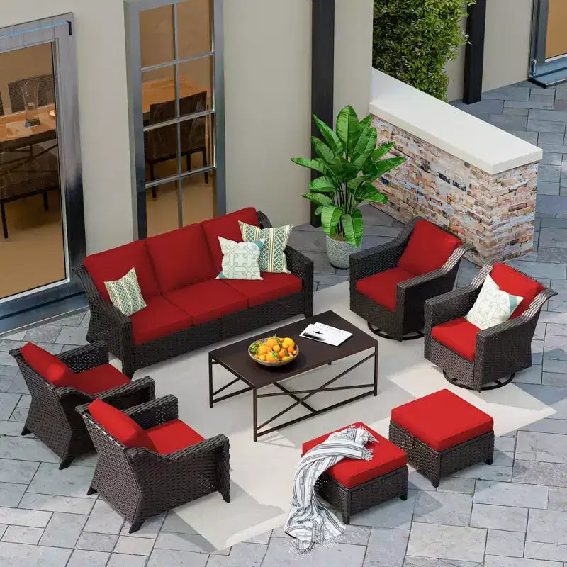 Ensemble d'extérieur premium UPTIOT 8 pièces : canapé 3 places, 2 fauteuils, 2 fauteuils pivotants, 2 poufs et table basse