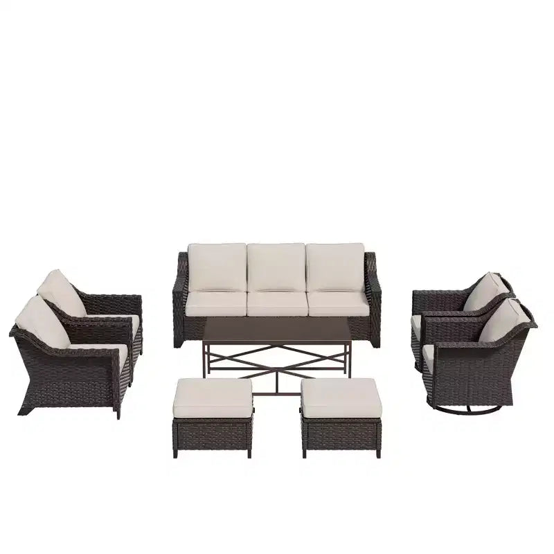 Ensemble d'extérieur premium UPTIOT 8 pièces : canapé 3 places, 2 fauteuils, 2 fauteuils pivotants, 2 poufs et table basse