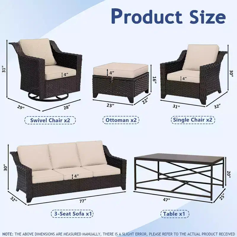 Ensemble d'extérieur premium UPTIOT 8 pièces : canapé 3 places, 2 fauteuils, 2 fauteuils pivotants, 2 poufs et table basse
