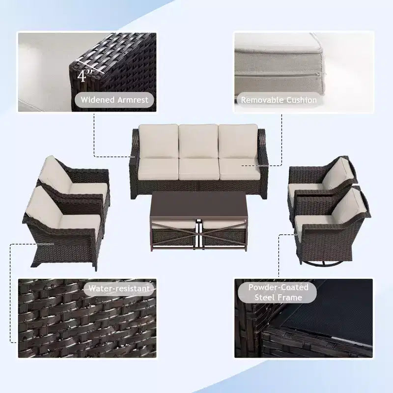 Ensemble d'extérieur premium UPTIOT 8 pièces : canapé 3 places, 2 fauteuils, 2 fauteuils pivotants, 2 poufs et table basse
