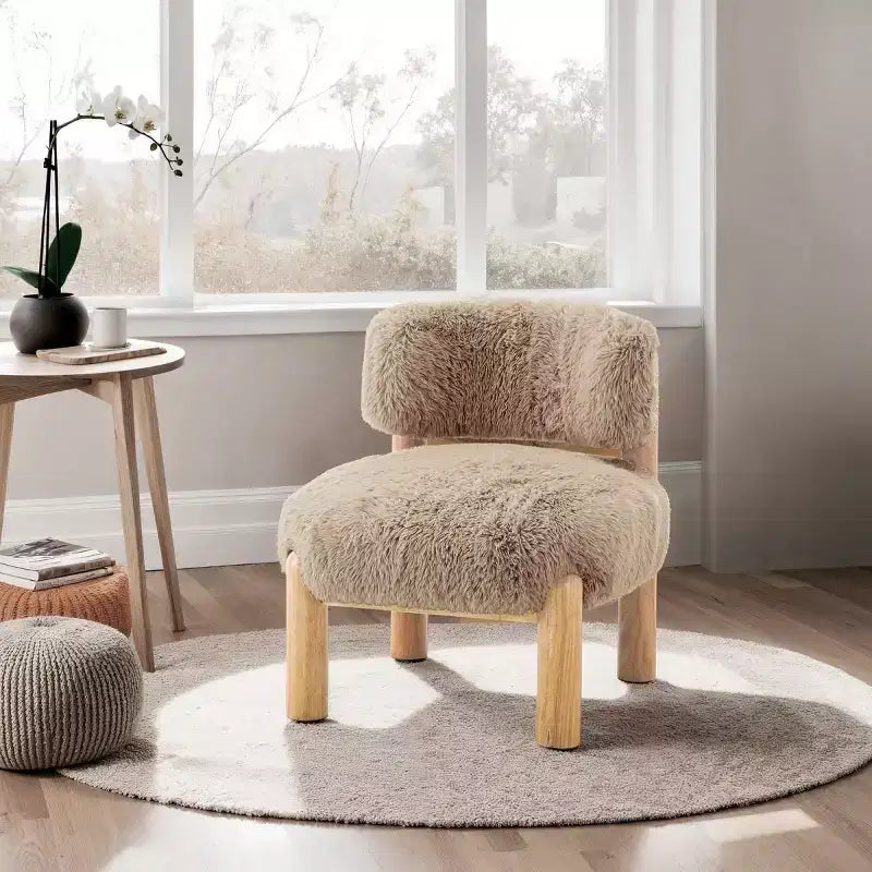 Luxury Plush Faux Fur Upholstery Armless Accent Chair, Elegant Wooden Legs for Living Room, Bedroom, Apartment, or Balcony-Panipeachy