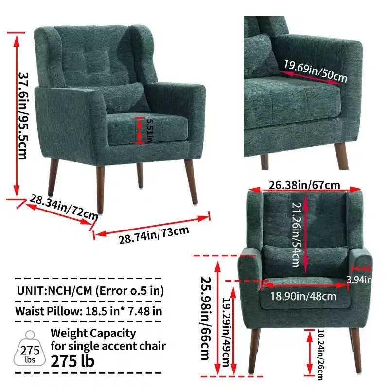 TUYOHW Chenille Accent Chair,Modern Lounge Armchair with Throw Pillow,Ergonomic Back,Tapered Wood Legs,Reading Chair for Living Room,Bedroom