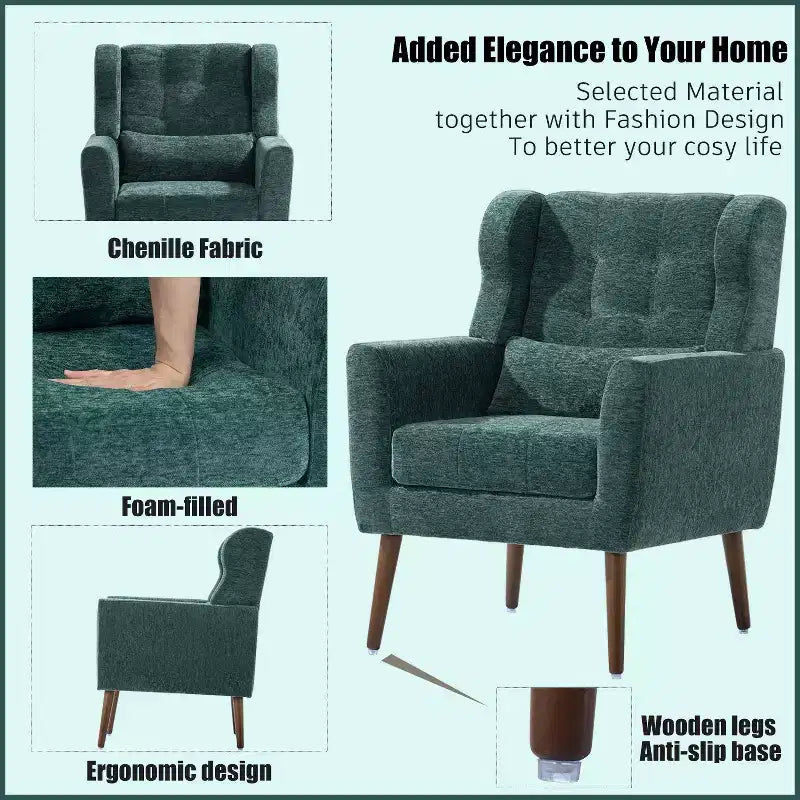 TUYOHW Chenille Accent Chair,Modern Lounge Armchair with Throw Pillow,Ergonomic Back,Tapered Wood Legs,Reading Chair for Living Room,Bedroom