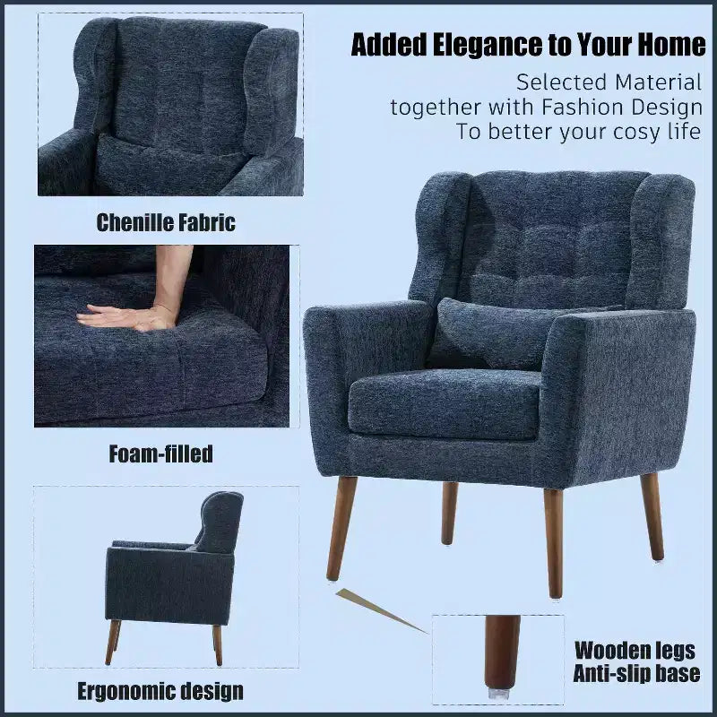 TUYOHW Chenille Accent Chair,Modern Lounge Armchair with Throw Pillow,Ergonomic Back,Tapered Wood Legs,Reading Chair for Living Room,Bedroom