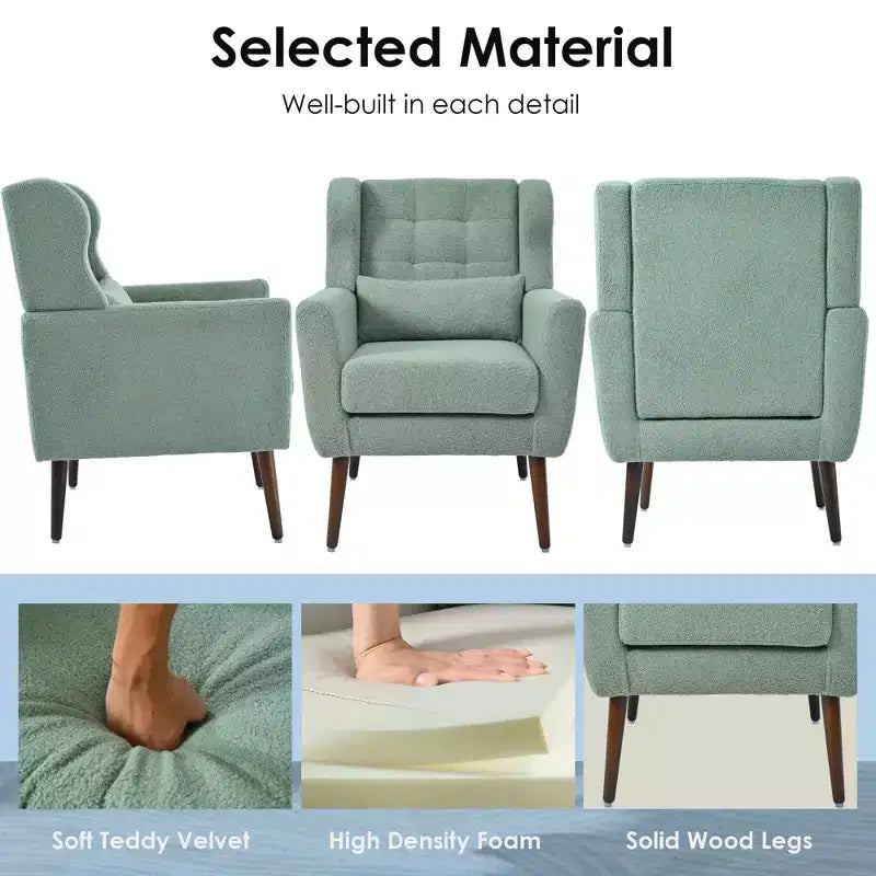 TUYOHW Chenille Accent Chair,Modern Lounge Armchair with Throw Pillow,Ergonomic Back,Tapered Wood Legs,Reading Chair for Living Room,Bedroom