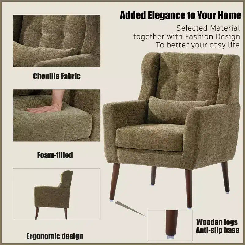 TUYOHW Chenille Accent Chair,Modern Lounge Armchair with Throw Pillow,Ergonomic Back,Tapered Wood Legs,Reading Chair for Living Room,Bedroom