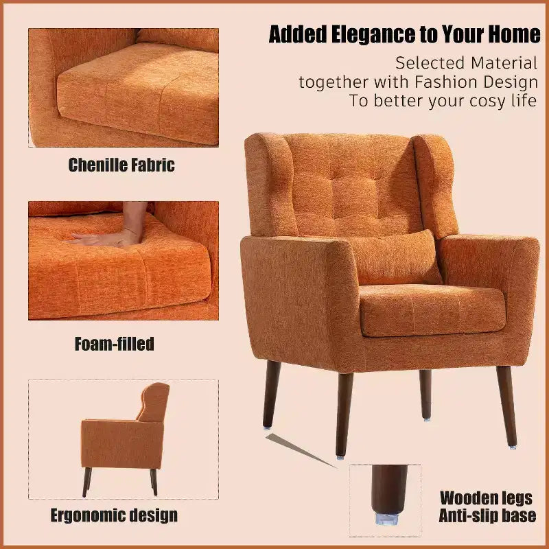 TUYOHW Chenille Accent Chair,Modern Lounge Armchair with Throw Pillow,Ergonomic Back,Tapered Wood Legs,Reading Chair for Living Room,Bedroom