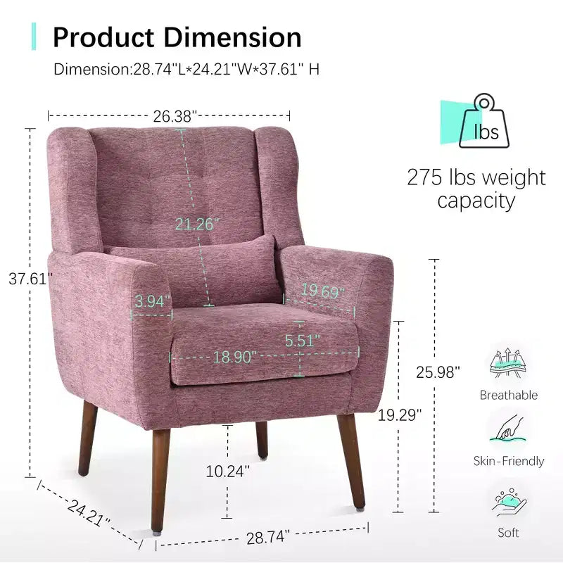 TUYOHW Chenille Accent Chair,Modern Lounge Armchair with Throw Pillow,Ergonomic Back,Tapered Wood Legs,Reading Chair for Living Room,Bedroom