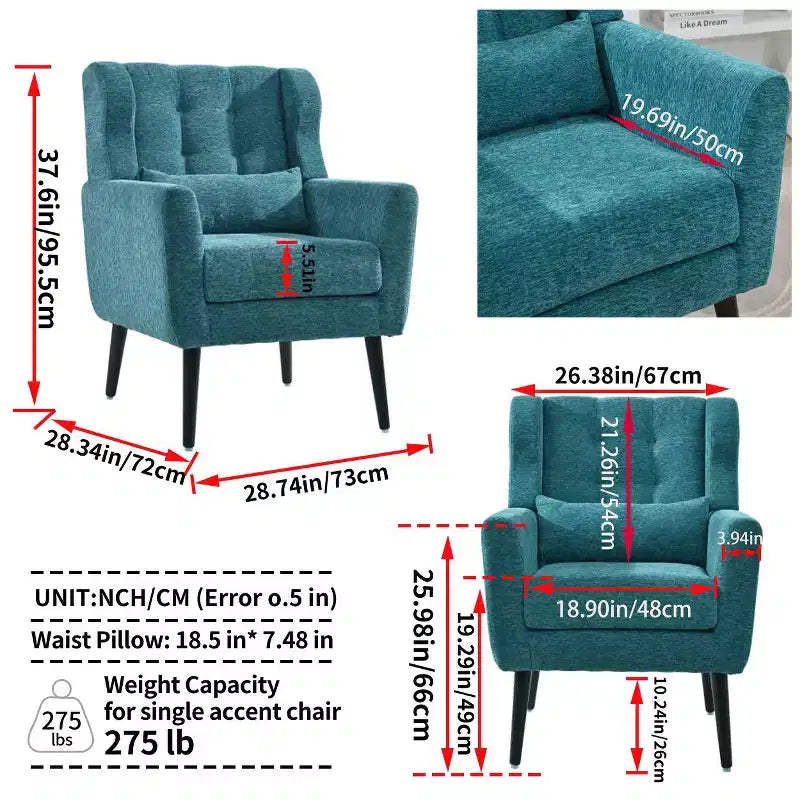 TUYOHW Chenille Accent Chair,Modern Lounge Armchair with Throw Pillow,Ergonomic Back,Tapered Wood Legs,Reading Chair for Living Room,Bedroom