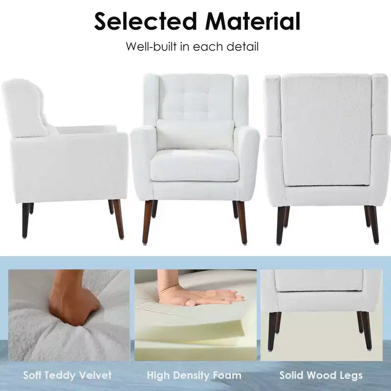 TUYOHW Chenille Accent Chair,Modern Lounge Armchair with Throw Pillow,Ergonomic Back,Tapered Wood Legs,Reading Chair for Living Room,Bedroom