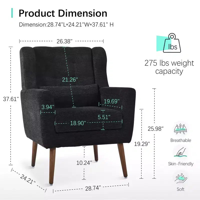 TUYOHW Chenille Accent Chair,Modern Lounge Armchair with Throw Pillow,Ergonomic Back,Tapered Wood Legs,Reading Chair for Living Room,Bedroom