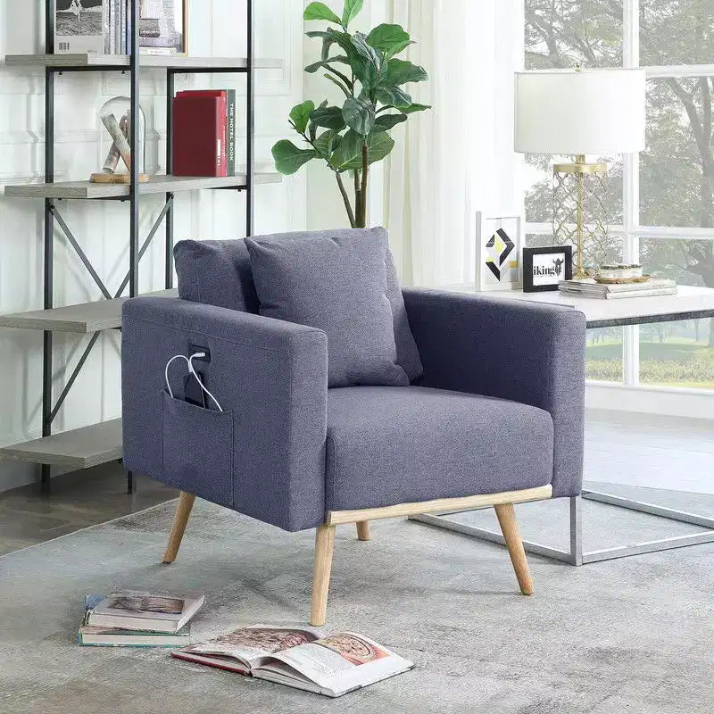 TUYOHW Accent Chair,Gray Linen Fabric Armchair with Throw Pillow,USB Charging Ports,Side Pockets,Solid Wood Legs,Single Sofa Chair for Living Room