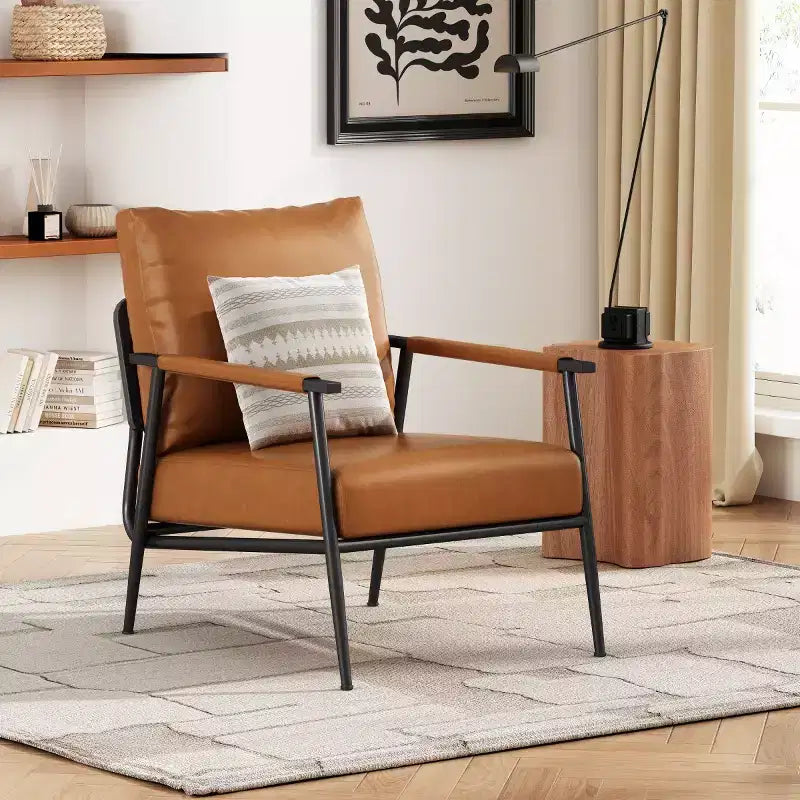 Mid-Century Modern Faux Leather Accent Chair, Padded High Back with Metal Frame for Living Room, Bedroom, or Office-Panipeachy